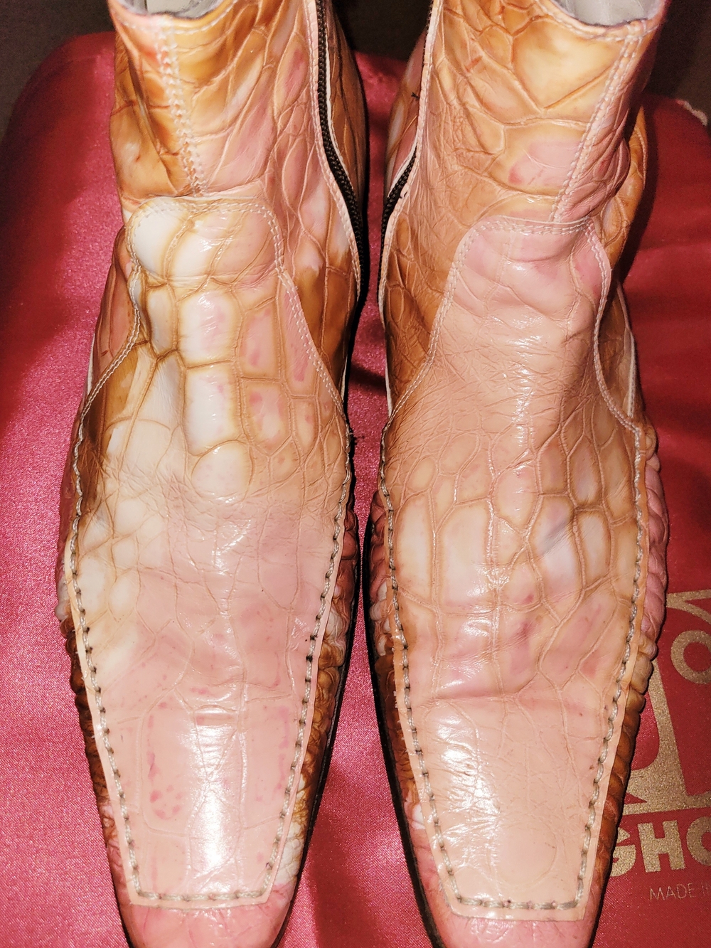 Men's Croc-Embossed Leather Cowboy Boots in Pink and Tan